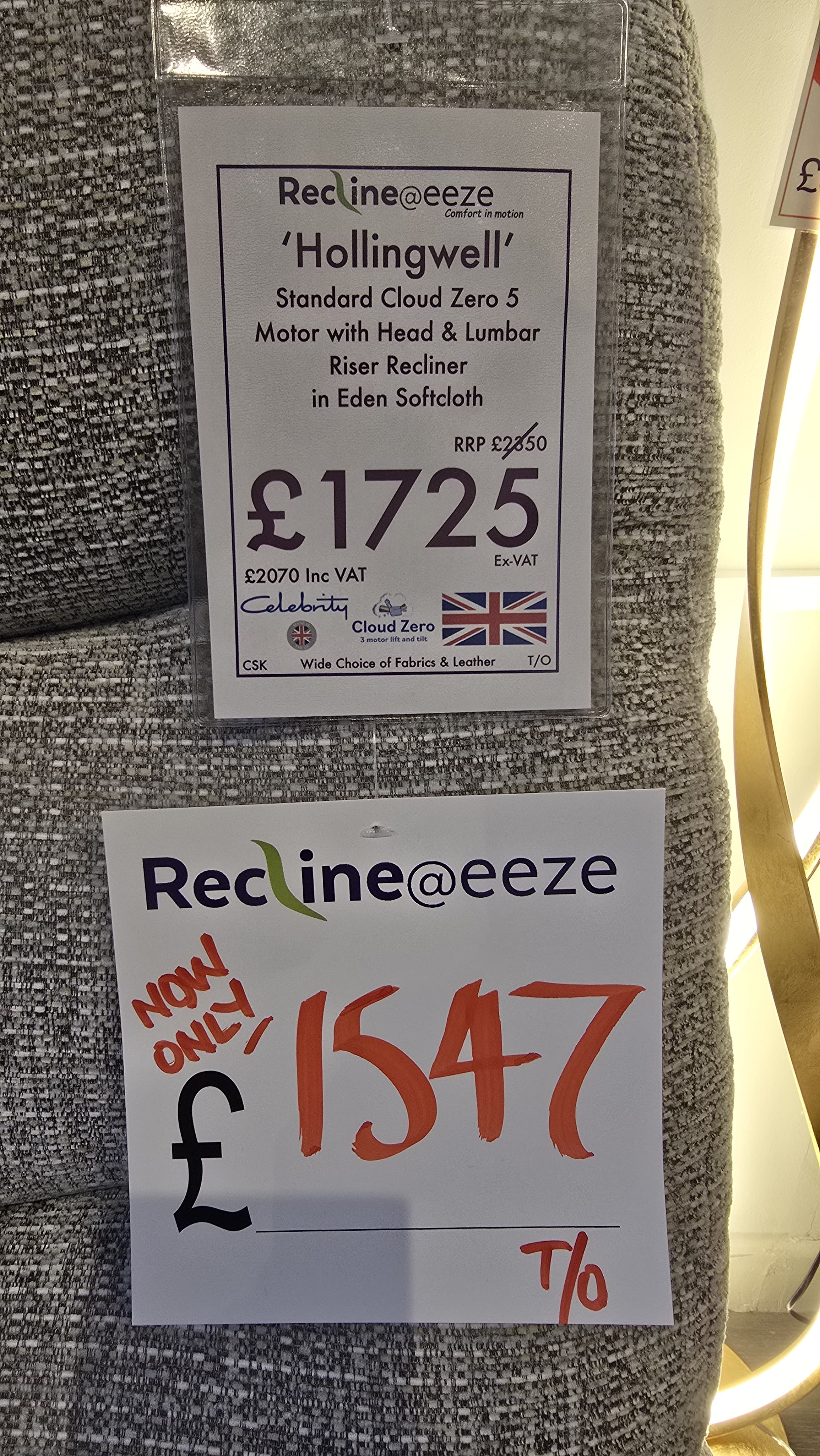 Celebrity Hollingwell Standard Cloud Zero 5 Motor with Head & Lumbar Riser Recliner in Eden SoftCloth