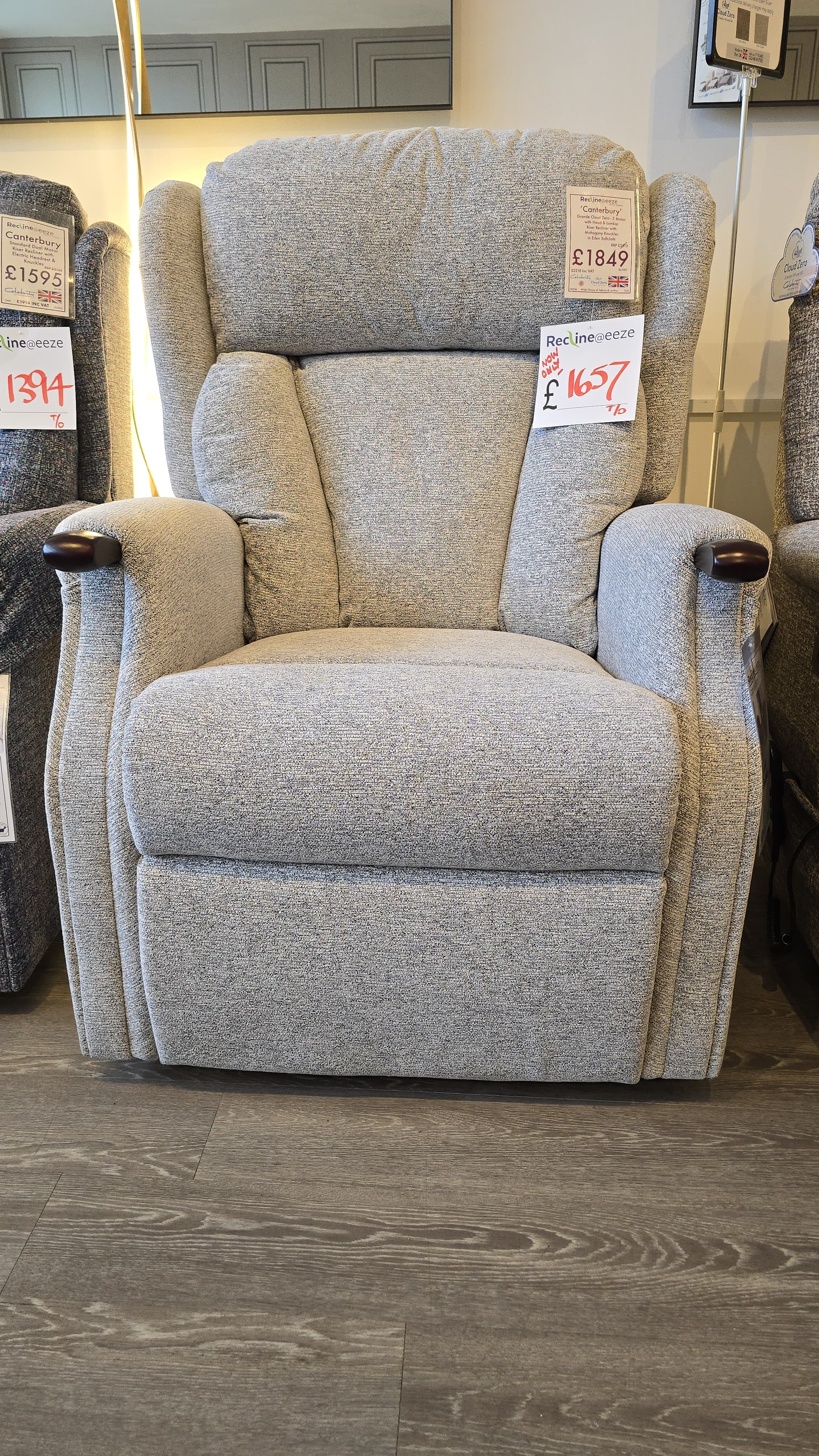 Celebrity Canterbury Grande Cloud Zero - 5 Motor with Head & Lumbar Riser Recliner with Mahogany Knuckles in Eden Softcloth