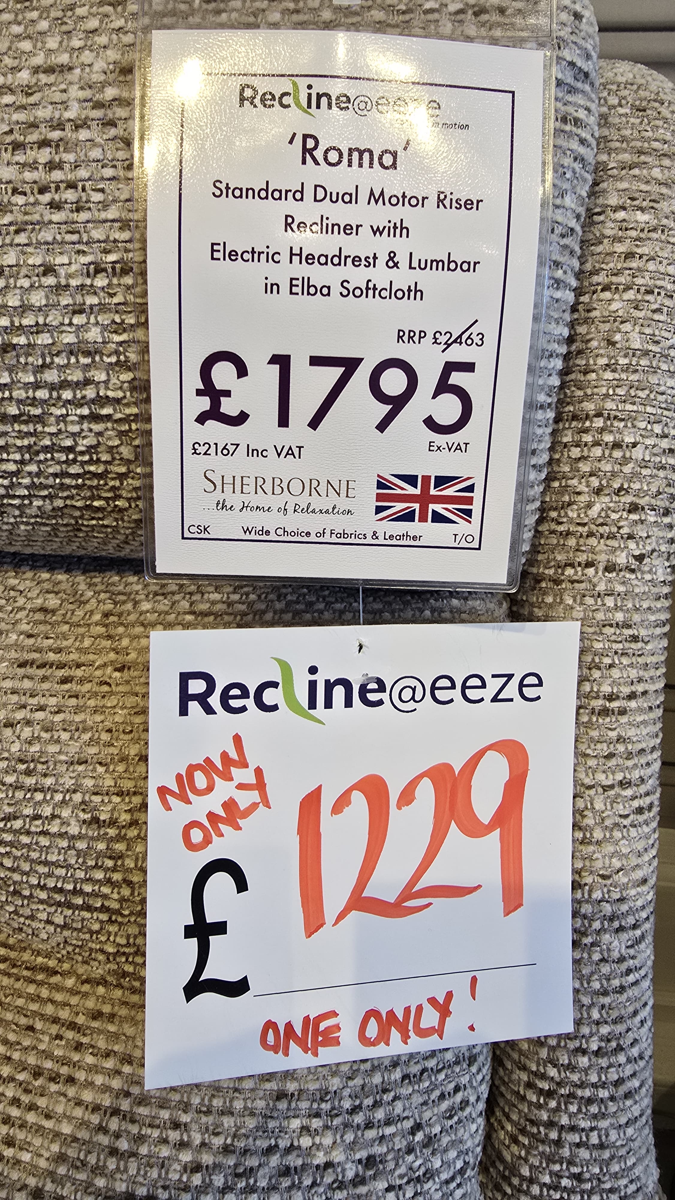 Sherborne Roma Standard Dual Motor Riser Recliner with Electric Headrest & Lumbar in Elba Softcloth