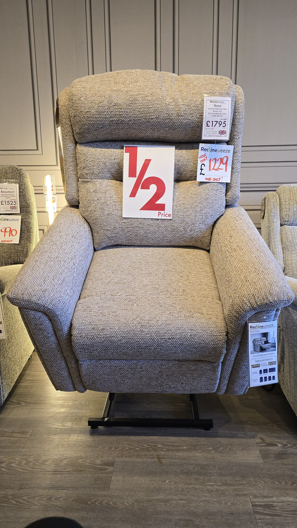 Sherborne Roma Standard Dual Motor Riser Recliner with Electric Headrest & Lumbar in Elba Softcloth