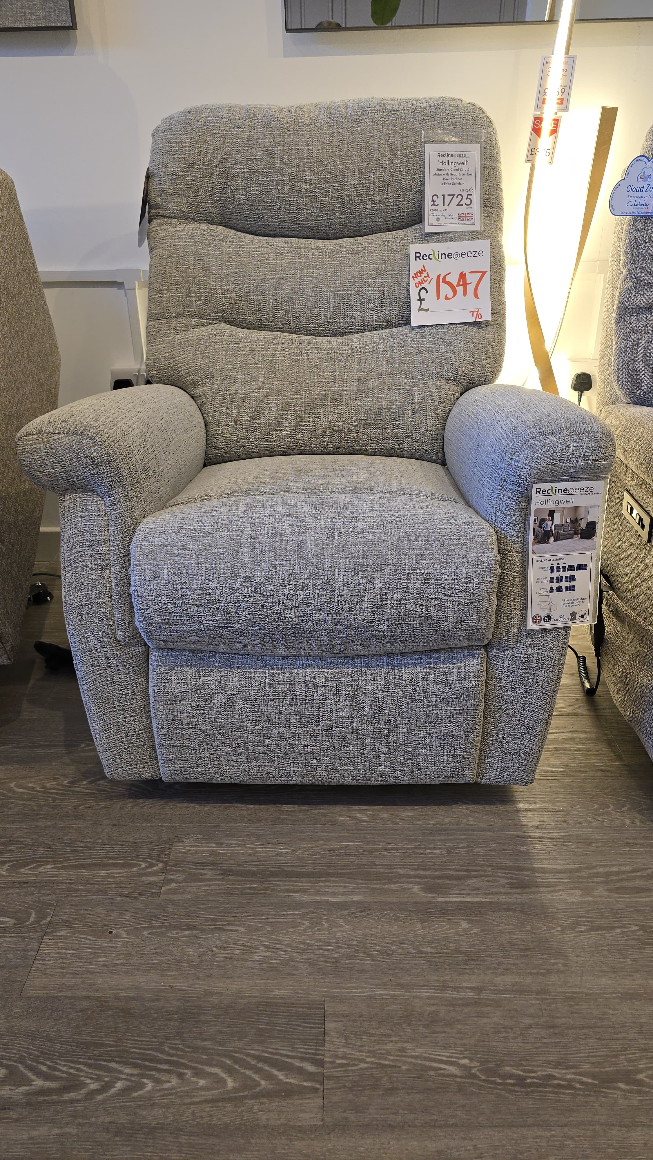 Celebrity Hollingwell Standard Cloud Zero 5 Motor with Head & Lumbar Riser Recliner in Eden SoftCloth