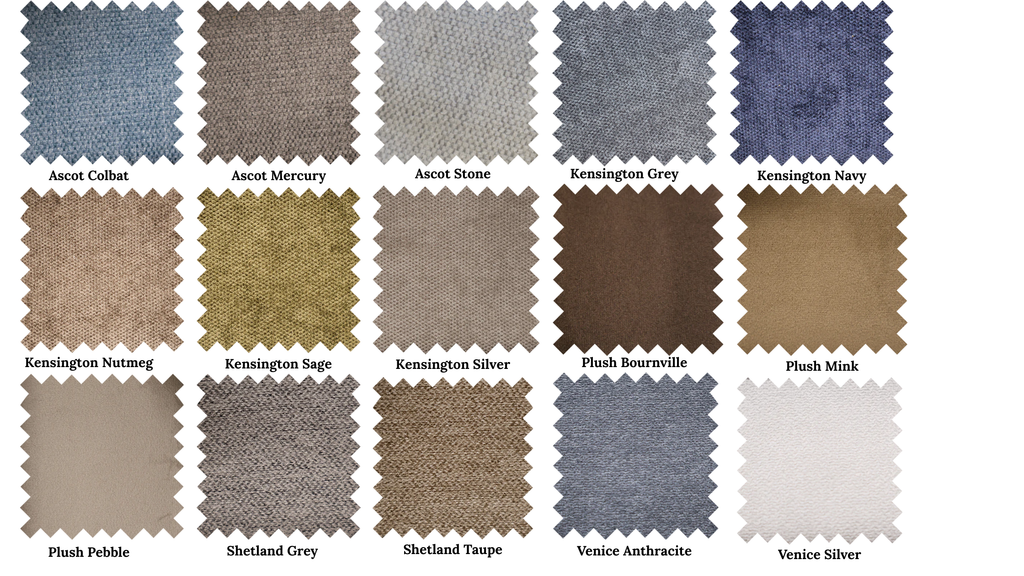 Color swatches of fabric textures with labels on a white background