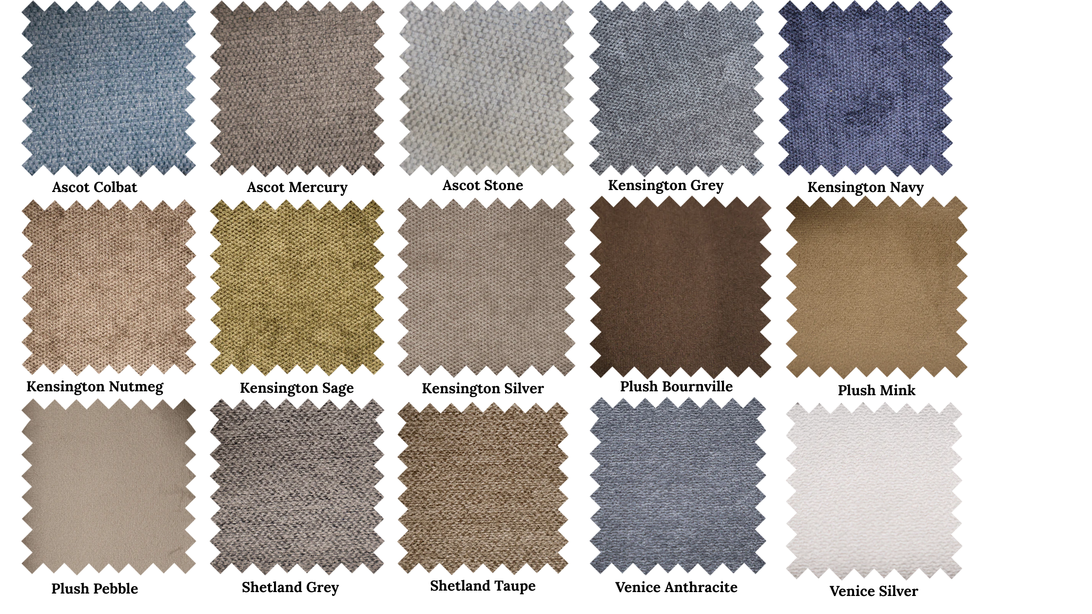 Color swatches of fabric textures with labels on a white background