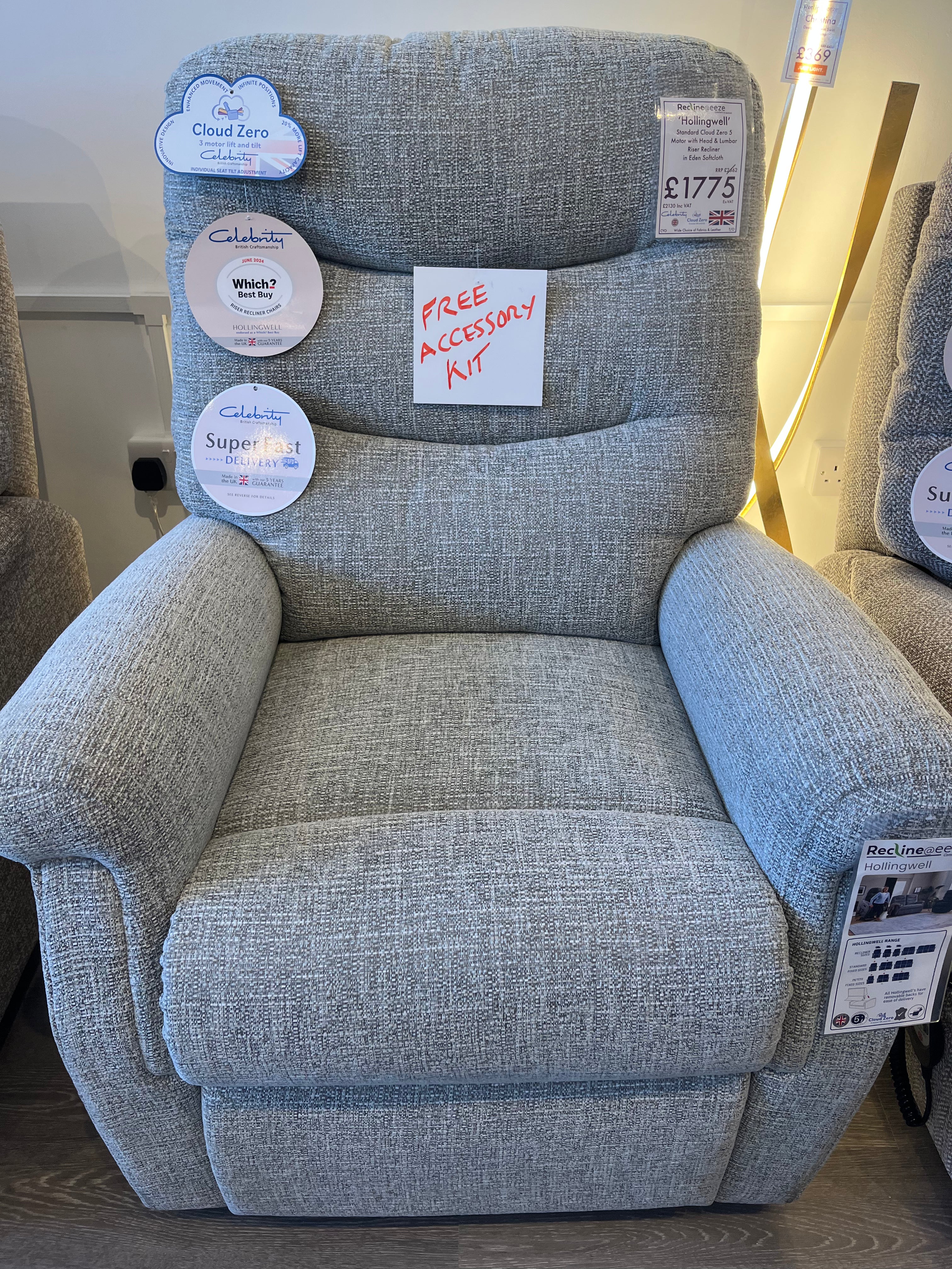 Celebrity Hollingwell Standard Cloud Zero 5 Motor with Head & Lumbar Riser Recliner in Eden SoftCloth
