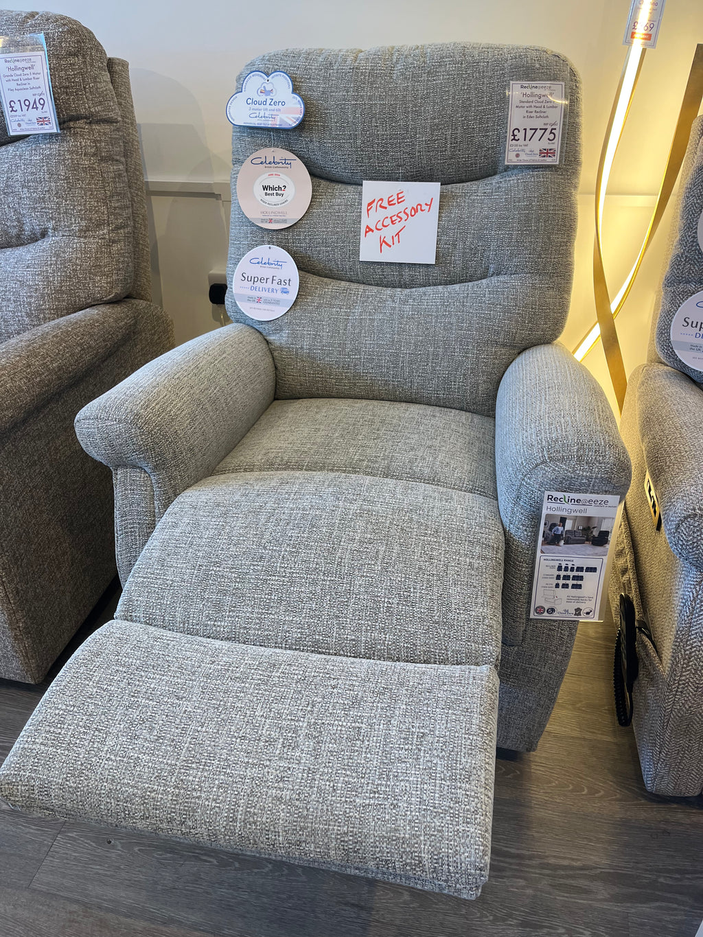 Celebrity Hollingwell Standard Cloud Zero 5 Motor with Head & Lumbar Riser Recliner in Eden SoftCloth