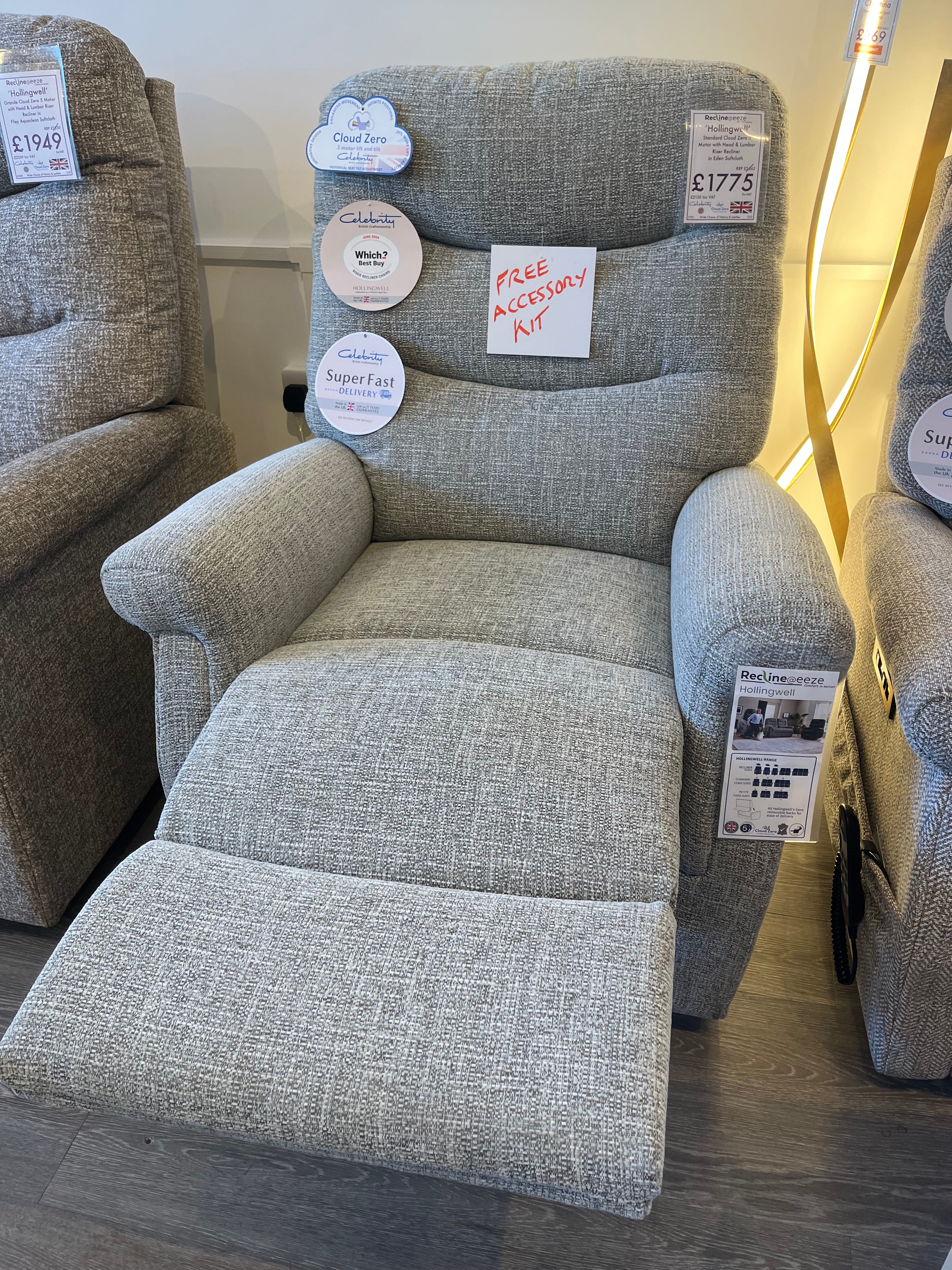 Celebrity Hollingwell Standard Cloud Zero 5 Motor with Head & Lumbar Riser Recliner in Eden SoftCloth