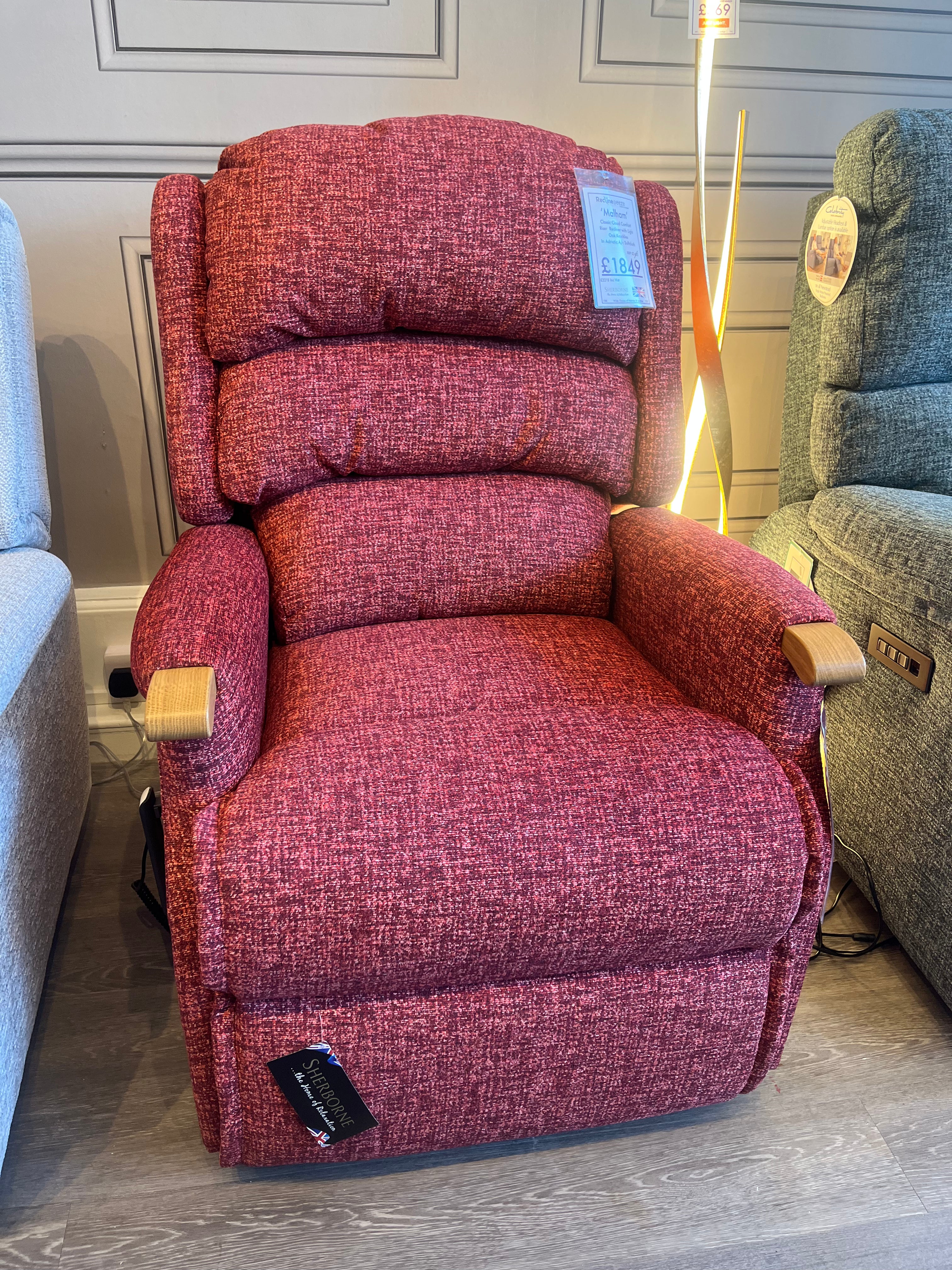 Sherborne Malham Classic Cloud Comfort Riser Recliner with Light Oak Knuckles in Adriatic Softcloth