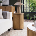 Product page for Vega Rustic Oak & Peppercorn Round Lamp Table on a website.