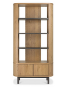 Wooden display unit on a website with product details and branding.
