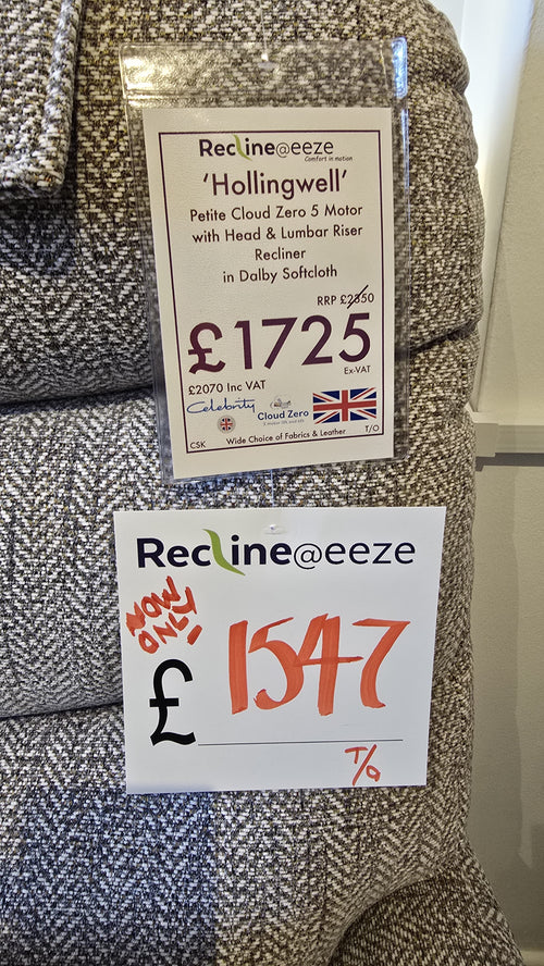 Celebrity Hollingwell Petite Cloud Zero 5 Motor with Head and Lumbar Riser Recliner in Dalby Softcloth